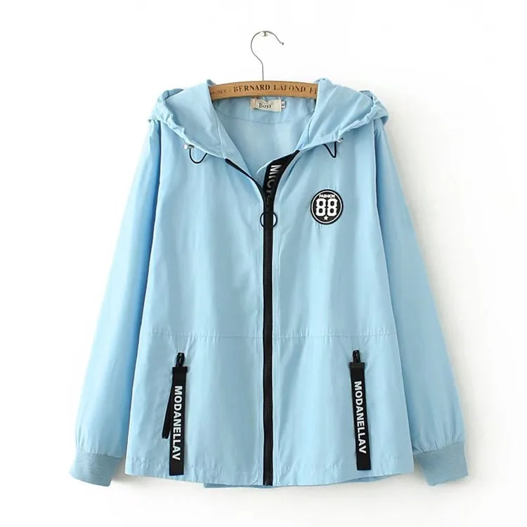 Light blue Модная женская куртка с капюшоном большого размера, Весенняя Осенняя свободная ветровка с длинным рукавом, Женские повседневные топы, короткая верхняя одежда G325 - Цвет: Light blue