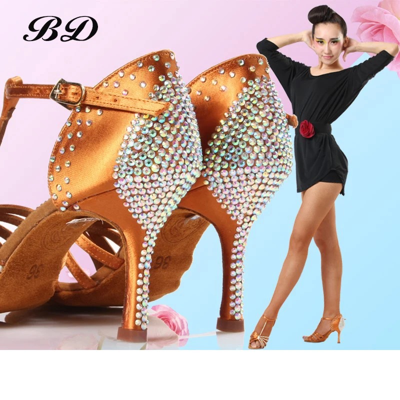 SALSA High Quality Dance Shoes Brand Party Ballroom Latin Girl Sports With Diamond Brown Dancing Discount BD 217 Thin Heels