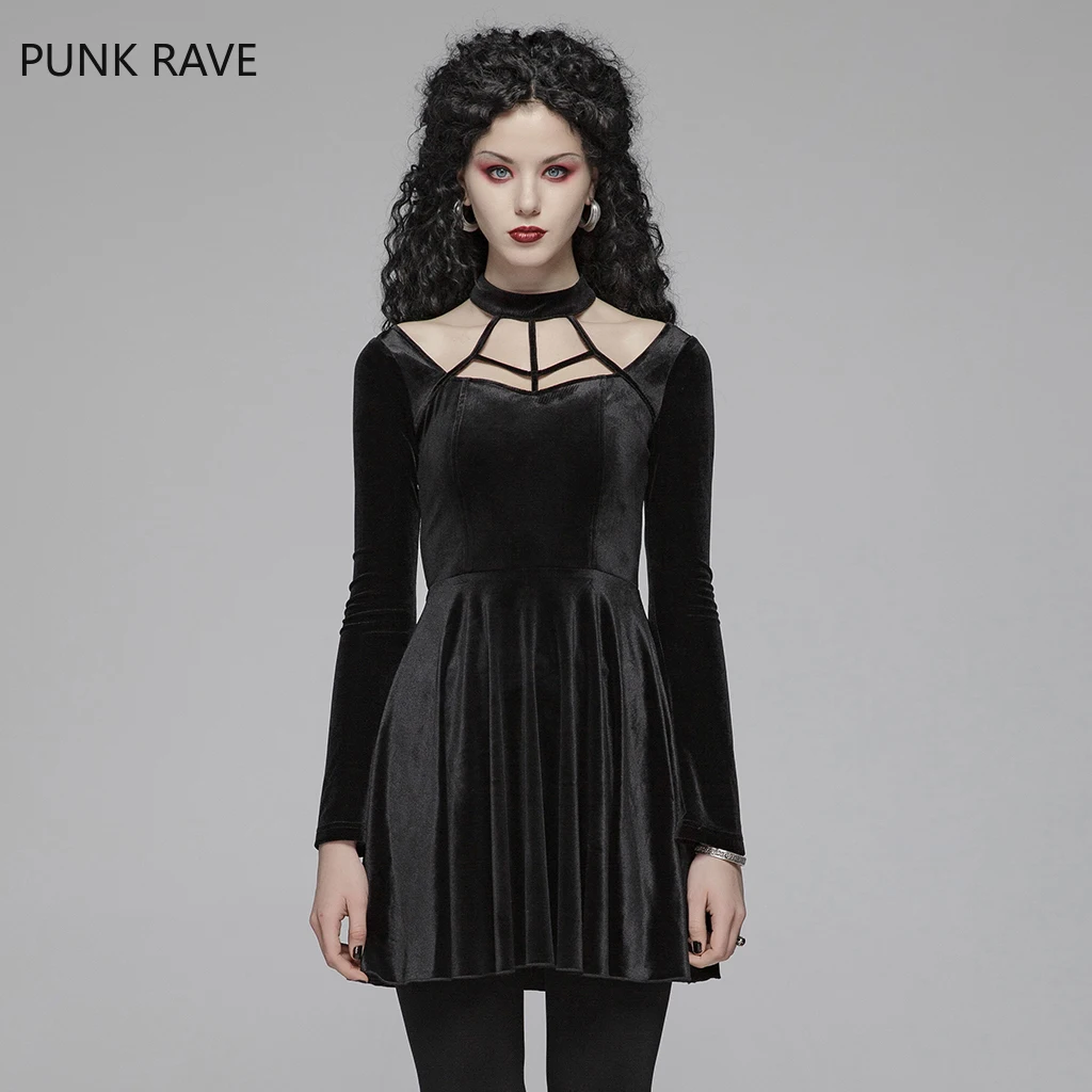 Женское платье в стиле панк черное повседневное бархатное на шнуровке