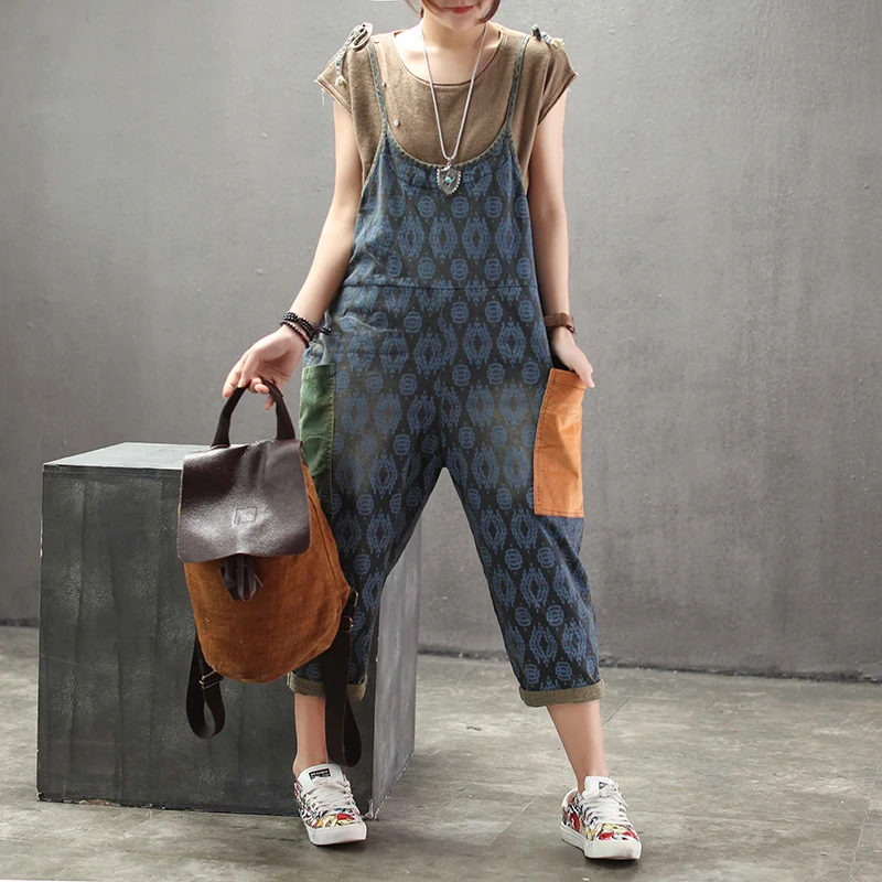 Spring Autumn Jumpsuits Women Large size Loose Retro Rompers 2019 New Casual Print pocket Ladies Overalls | Женская одежда