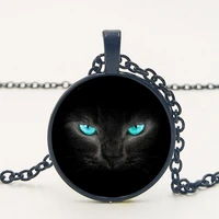 handmade new retro exquisite accessories alloy glass blue eyes black cat time pendant necklace family photo private custom