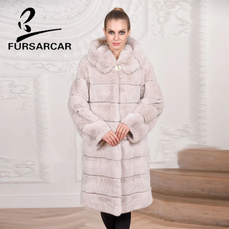 FURSARCAR теплая свободная шуба из кролика рекс Рекс с капюшоном 2018 Роскошная модная