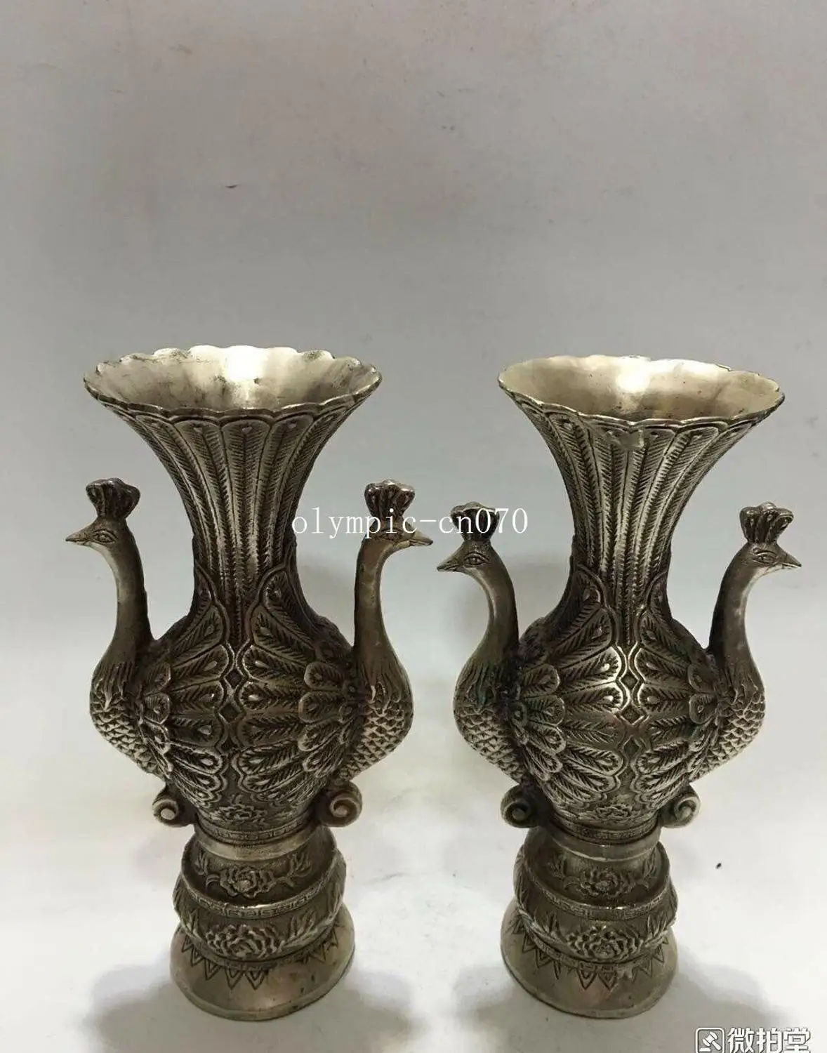 

Pair 8''tibetan copper silver-plated home decor auspicious bird peafowl vase