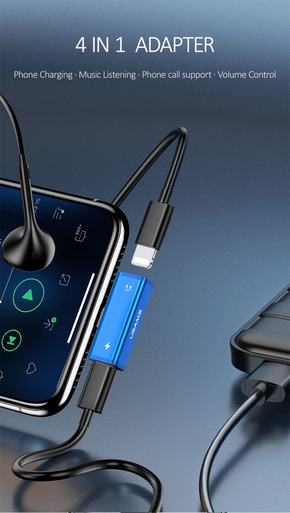 USAMS двойной адаптер Lightning аудио наушники Зарядка адаптер USB кабель для iPhone x кабель адаптер