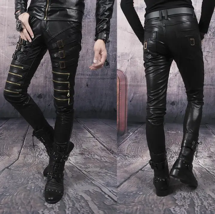 Autumn winter personality punk fashion motorcycle faux leather pants mens feet pants pu trousers for men stage zipper black