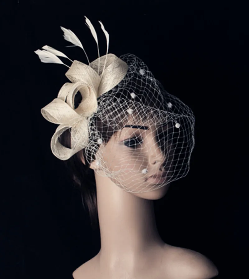 JaneVini Винтаж золотые свадебные Шапки и Fascinators женские свадебные вечерние шляпа Перья для волос Pin чистая клетка покрывал Afrikaanse Hoed