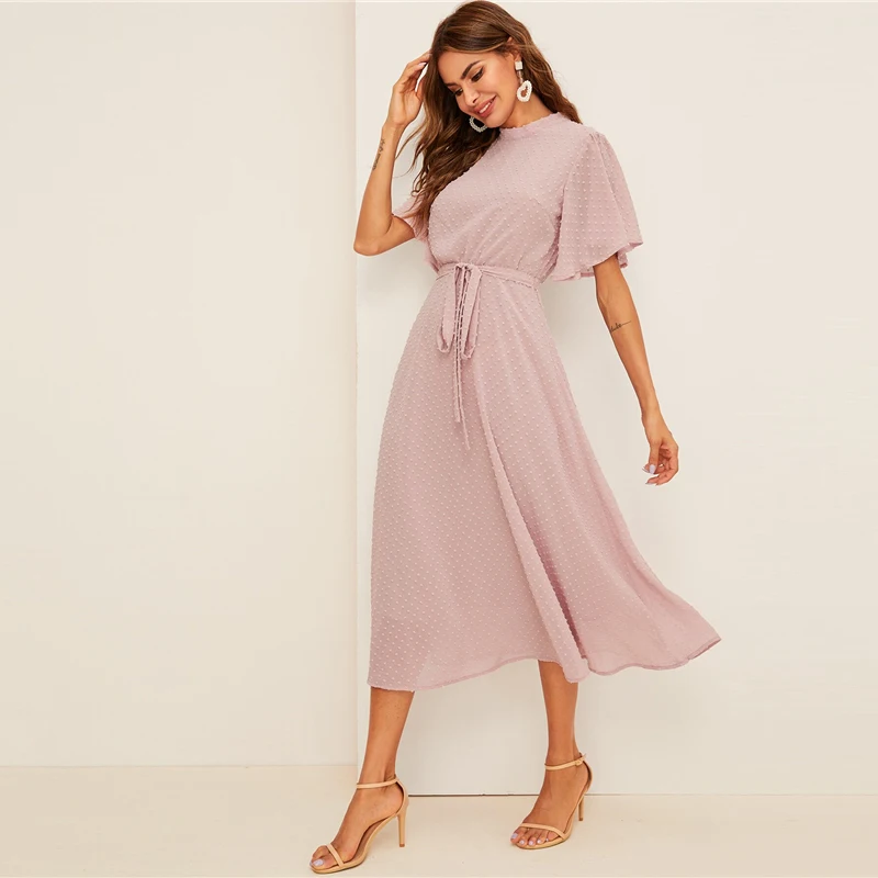 SHEIN платье с рукавами-крылышками в швейцарский горошек с поясом элегантное розовое Пастельное однотонное женское платье со стоячим воротником ТРАПЕЦИЕВИДНОЕ ПЛАТЬЕ С полурукавом