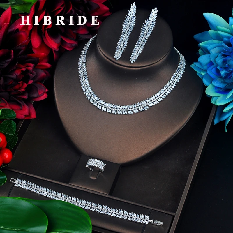 HIBRIDE Sparkling Full Cubic Zircon Jewelry Set  Leaf Shape Long Tassel Dangle Brincos Necklace Set Dress Accessories N-638