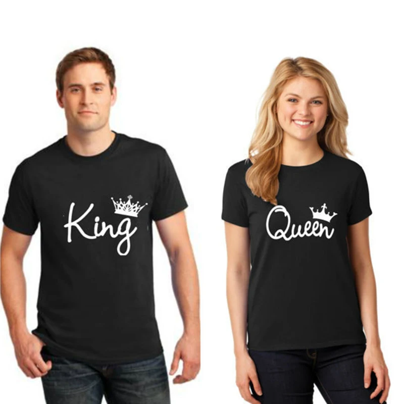 2019 Summer King and Queen Crown Print Couple T-shirt Black Short Sleeve Fashion Casual O-neck Tshirt | Женская одежда