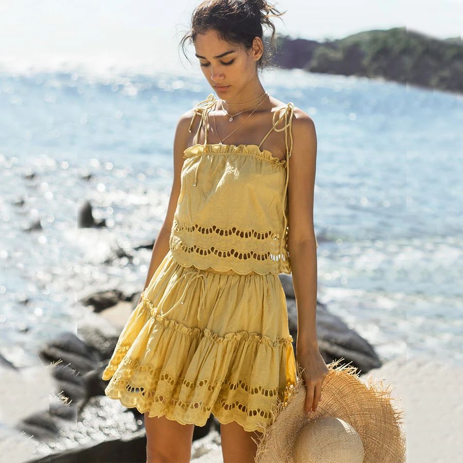 TEELYNN мини платье в стиле бохо желтое хлопковое с цветочной вышивкой 2 предмета