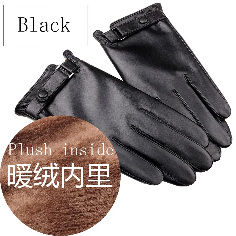 Black Plush inside Мужские крутые перчатки из натуральной овечьей кожи, тонкие/толстые плюшевые зимние теплые перчатки с сенсорным экраном, перчатки для вождения A42 - Цвет: Black Plush inside
