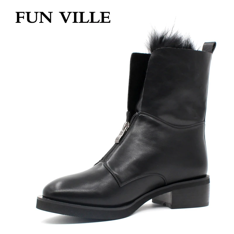 Женские ботильоны на молнии FUN VILLE черные ботинки плоской подошве с круглым
