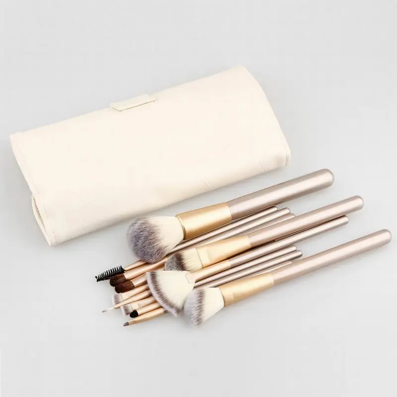 

wooden handle soft synthetic hair aluminum collar 12pcs makeup brush set with white PU bag professional