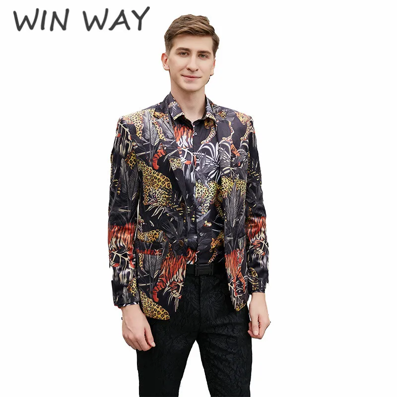 Win Way Slim masculino Clothing 2018 Winter Casual Fit Print Suit Mens Blazer Party Dress Outfit Jacket Trendy Masculino | Мужская