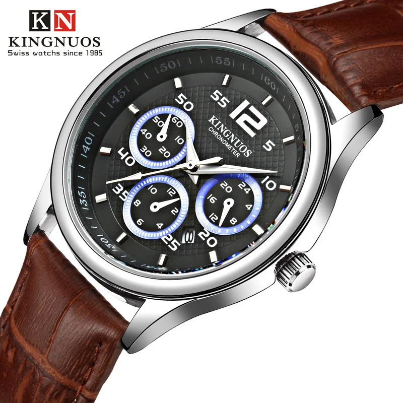 New KINGNUOS Brand Fashion Business Mens Wristwatch Waterproof Male Watch Casual Leather Strap Quartz Watches Relogio Genuine | Наручные