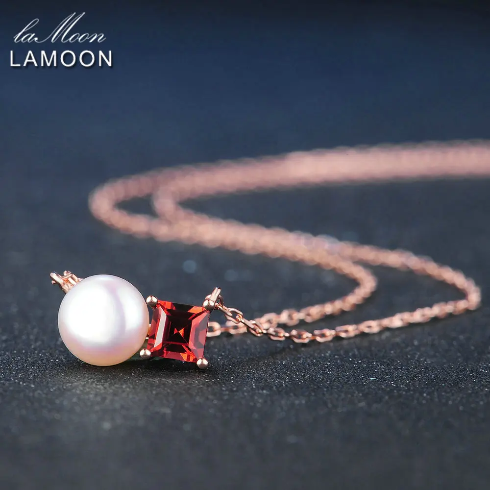 LAMOON Simple 100% Natural Red Garnet Freshwater Pearl 925 Sterling Silver Chain Pendant Necklace S925 LMNI054 | Украшения и