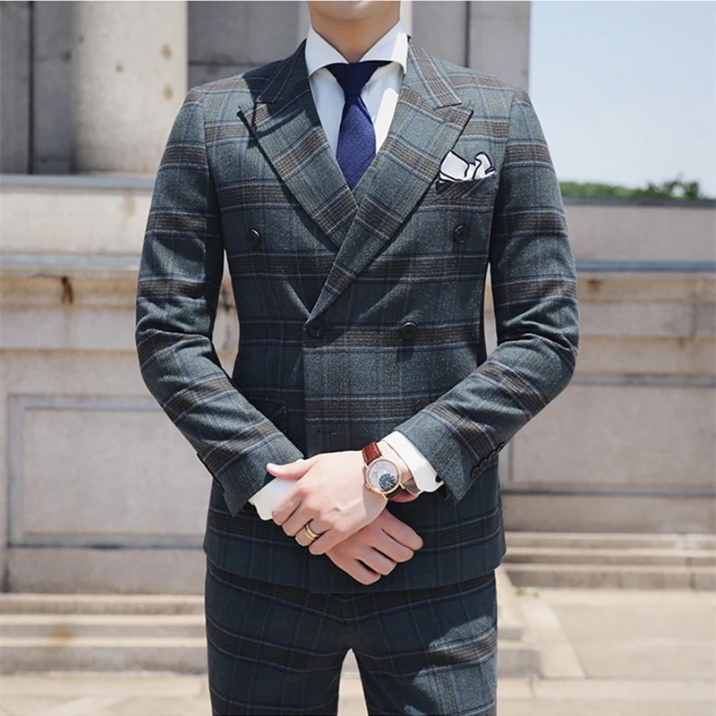 Темно-зеленый костюм мужской свадебный 3 предмета Terno Masculino классический мужской Клетчатый костюм мужские в английском стиле двойные приталенные пиджаки Q667