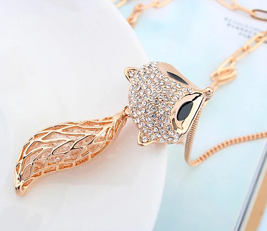 

Cute Fox Long Necklace Sweater Chain Crystal From Austria For Women Best Friends Gift Gold Color Choker Jewelry