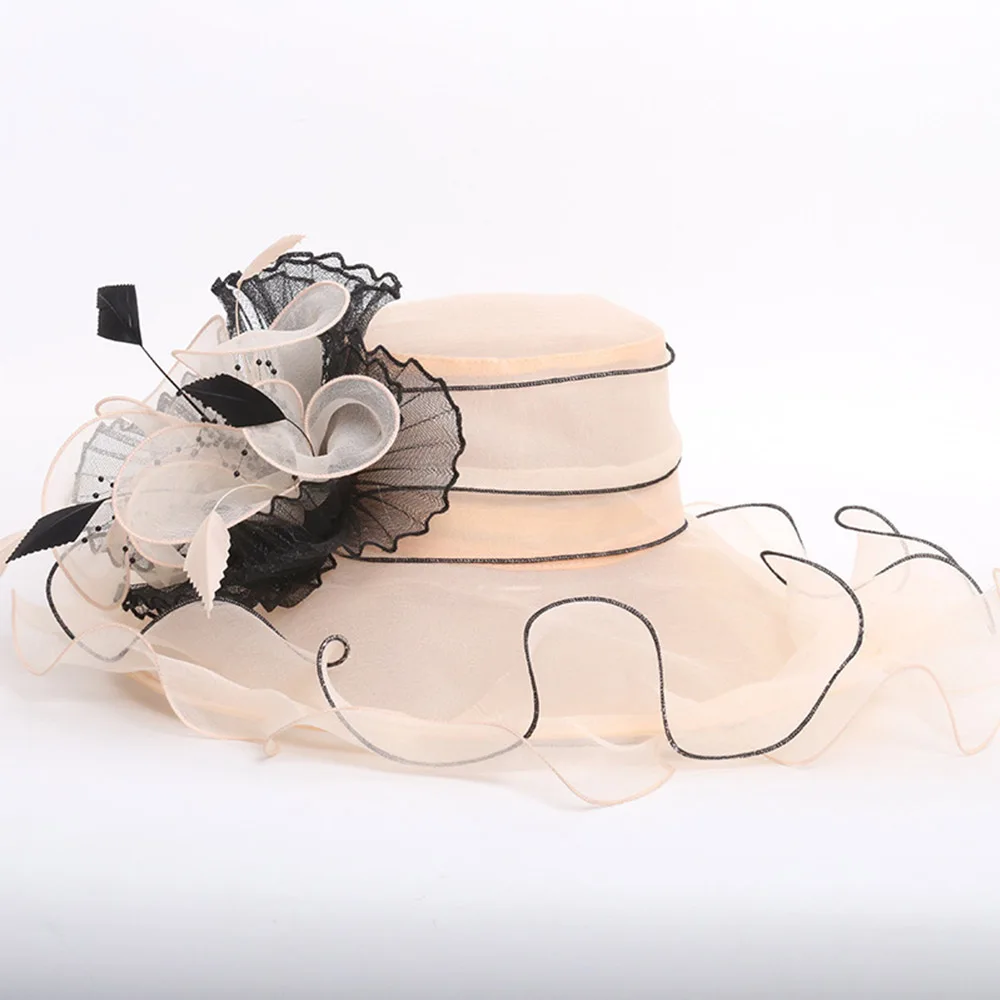 Beige Sun Hats FS летние элегантные женские церковные шляпы из Розовой Органзы, женские вечерние Свадебные шляпы с большими широкими полями, Вуалетка, винтажная фетровая шляпа - Цвет: Beige Sun Hats