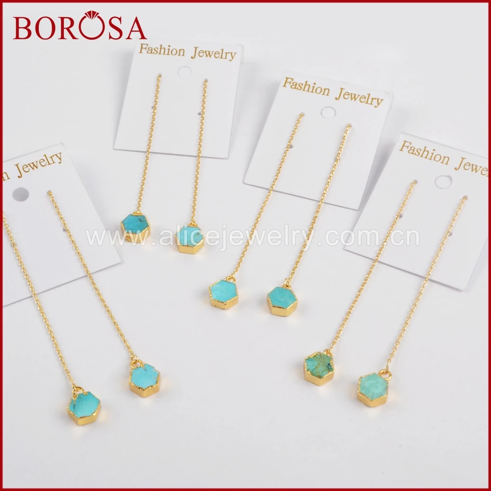 BOROSA шестиугольник Druzy 100% натуральный синий камень золото Цвет нити серьги для Для