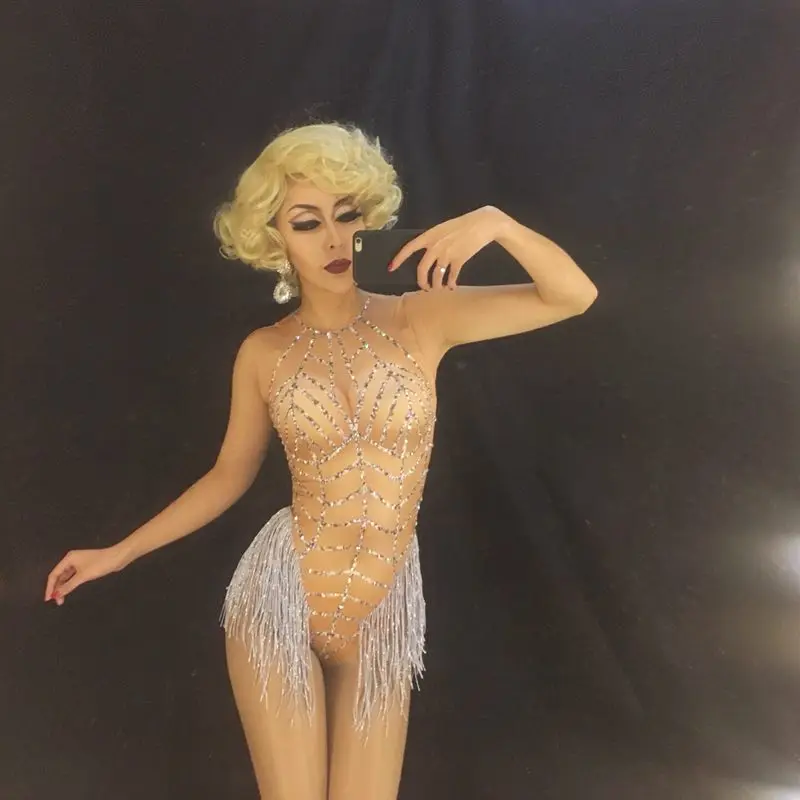 

Sexy Gold Fringe Leotard Nude Spandex One Piece Rhinestones Costume Dj Stage Performance Dance Wear Singer Pole dancing Bodysuit