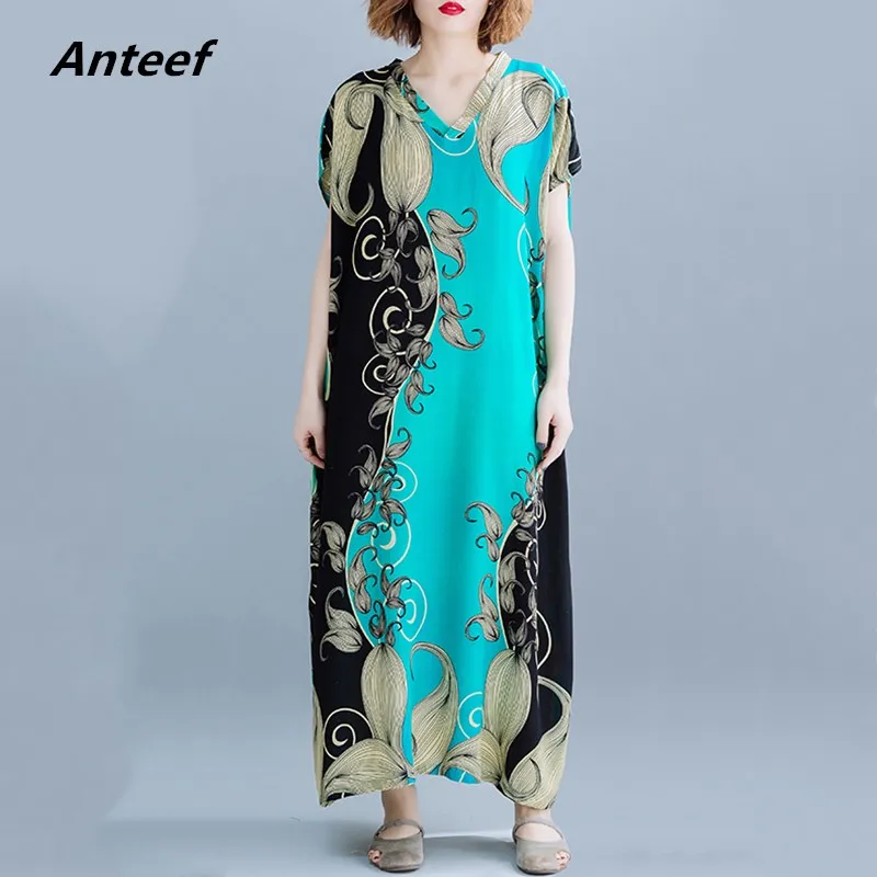 

Женское атласное платье с коротким рукавом, винтажное платье с цветочным принтом, повседневное Свободное длинное летнее пляжное платье мак...