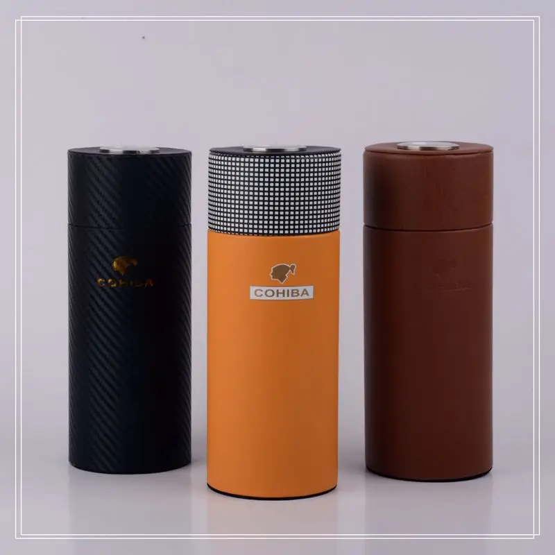 Чехол для сигар COHIBA, карбоновое волокно, дерево кедра с подкладкой, трубка, мини, для путешествий, коробка с гигрометром внутри, с длинным увлажнителем