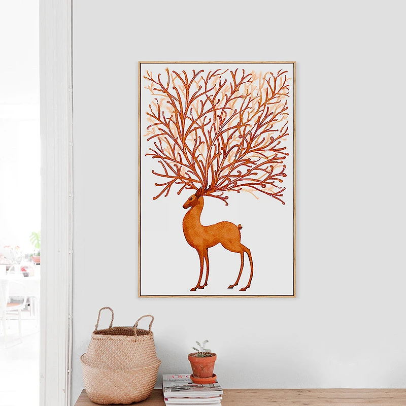 

HAOCHU Forest Deer Tree Antlers Europe Art Picture Canvas Painting Nordic Decoration for Home Coffee Shop Wall Poster