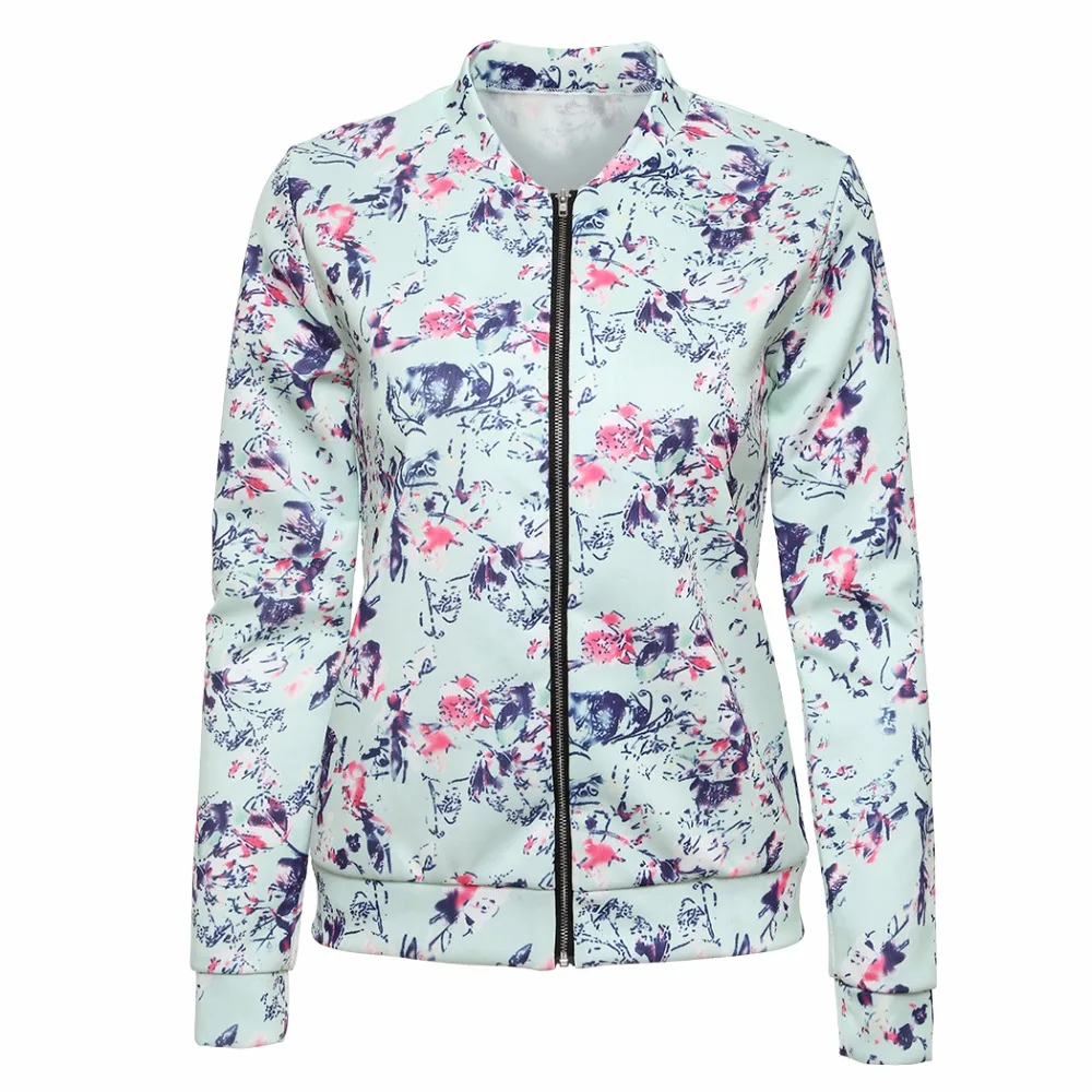 Осень Цветочный принт Куртки женские карман на молнии спереди стенд Куртка с