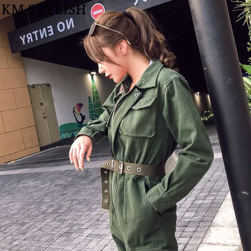 2018 осень/зима ретро карманы талии комбинезон с поясом длинные рукава Высокая