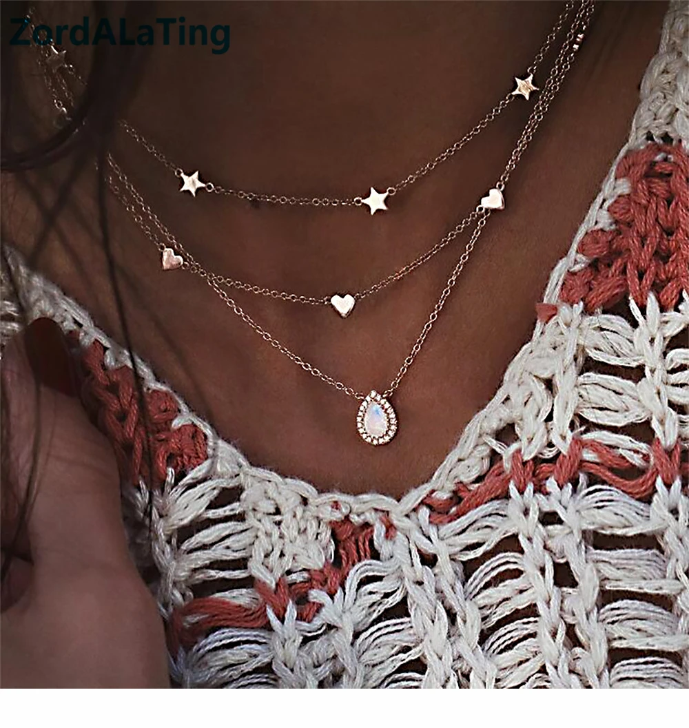 Copper alloy opal rhinestone love heart five-star water drop three layers necklace for women new fashion pendant long | Украшения и