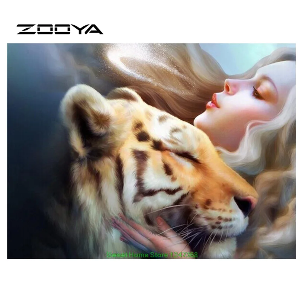 ZOOYA Алмазная картина полностью квадратная девушка с тигровым животным вышивка