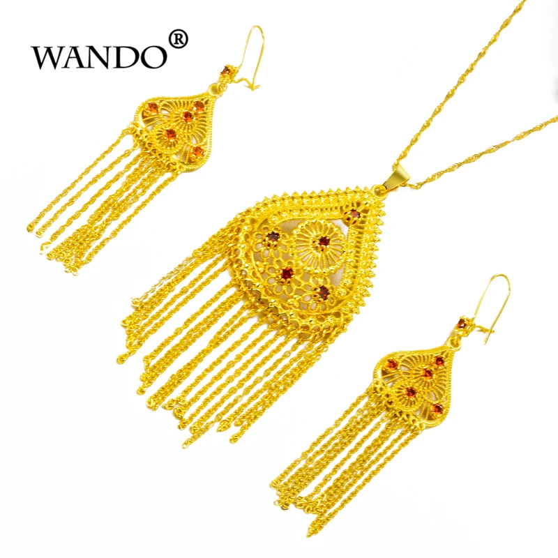 WANDO 24 K золотого цвета комплект эфиопских украшений ожерелье/серьги/кулон/средний
