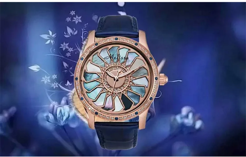 Blue Rose Gold MELISSA, Новое поступление, часы с ветряной мельницей, большие, женские, цветные, в виде ракушки, часы, кварцевые, водонепроницаемые, кожа, Relogio Feminino Montre FS12209 - Цвет: Blue Rose Gold