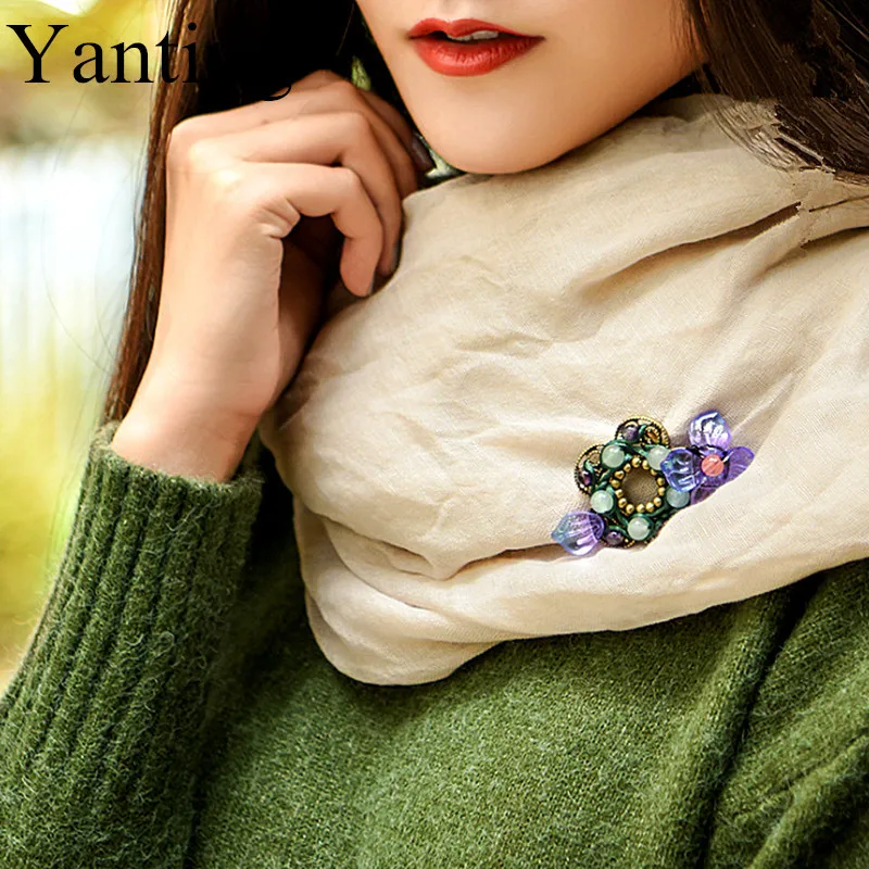 Yanting, этническая брошь с фиолетовым кристаллом, глазированное стекло, броши в виде цветка, булавки, авантюрин, ручная работа, Женская Брошь, вечерние ювелирные изделия, подарок