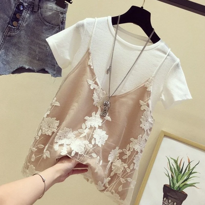 white t shirt Neploe, летняя женская футболка из 2 частей, плюс размер, свободная Корейская одежда, одноцветная футболка, кружевная Цветочная майка, женские майки и футболки 39146 - Цвет: white t shirt