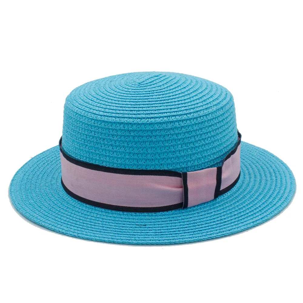 Летняя Соломенная женская шляпа Toquilla с плоским верхом пляжная от солнца розовой