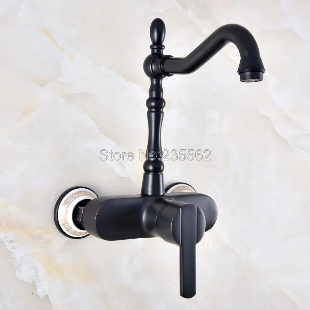 

Black Oil Rubbed Brass Kitchen Sink Faucet Wall Mounted Double Handle Bathroom Basin Cold And Hot Mixer Tap lnf876