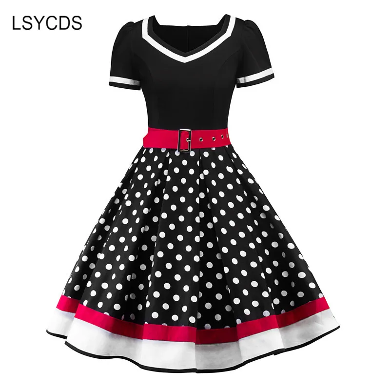 2020 Vintage Women Dress V Neck Short Sleeve Polka Dot Dresses Big Swing Retro Casual Party Hepburn Style 50s Clothes | Женская одежда