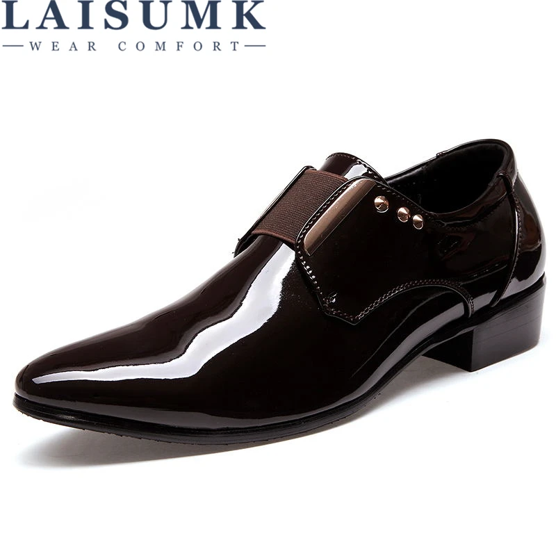 

LAISUMK Men Dress Italian Leather Shoes Slip On Fashion Man Wedding Oxfords Glitter Formal Male Shoes Pointed Toe Shoes For Men