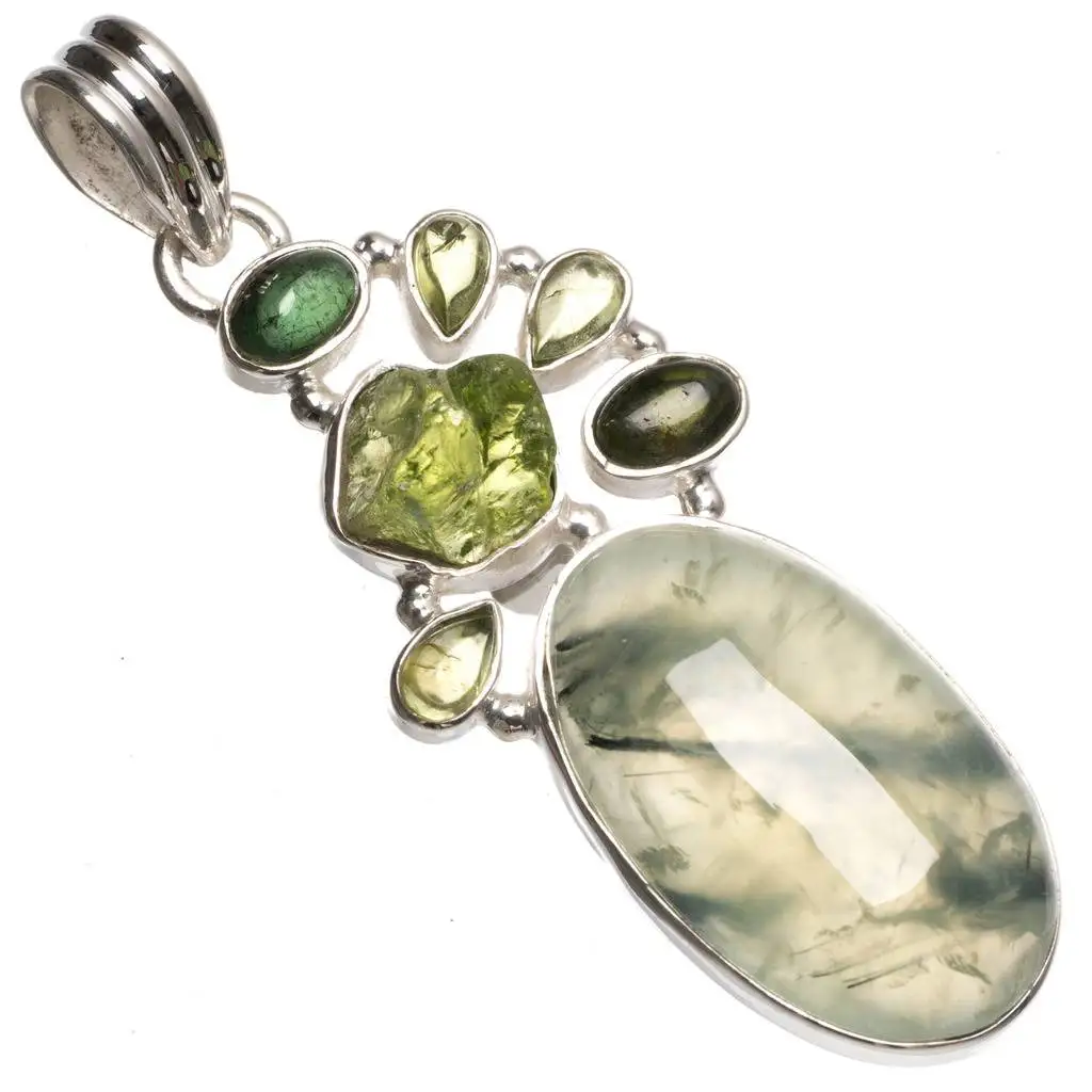 Натуральный прехнит перидот друзы и зеленый кварц мексиканский 925 пробы