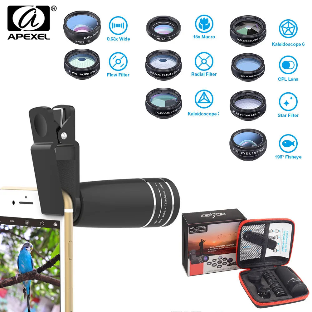 

APEXEL 10PCS/LOT 10 in 1 Mobile phone Lens Telephoto Fisheye lens Wide Angle Macro Lens+CPL Star Filter for all smartphones