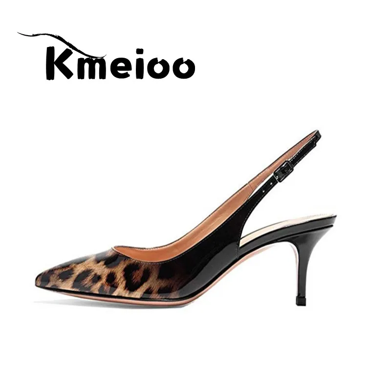 Leopard Black-patent Kmeioo/пикантные женские туфли-лодочки с леопардовым принтом на тонком каблуке, женская обувь для вечеринок, Брендовые женские туфли-лодочки с острым носком и ремешком на щиколотке, большие размеры - Цвет: Leopard Black-patent