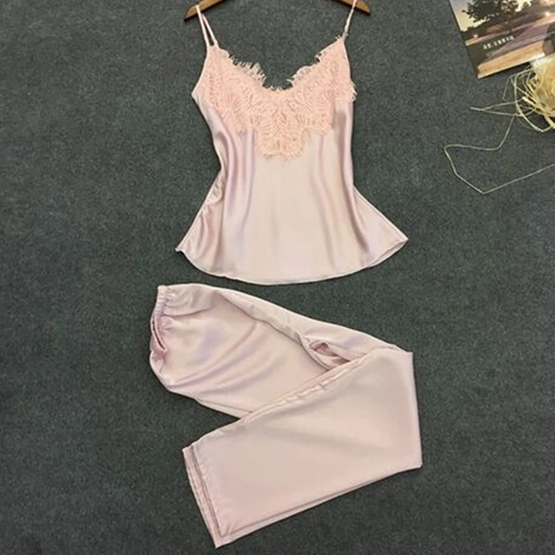 Женская пижама Сексуальный Атласный пижамный комплект с V-образным вырезом