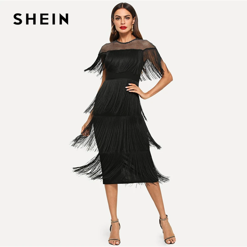 SHEIN Black Highstreet Party Going Out Elegant Sheer Yoke Layered Fringe Detail Dress Autumn Modern Lady Women Dresses