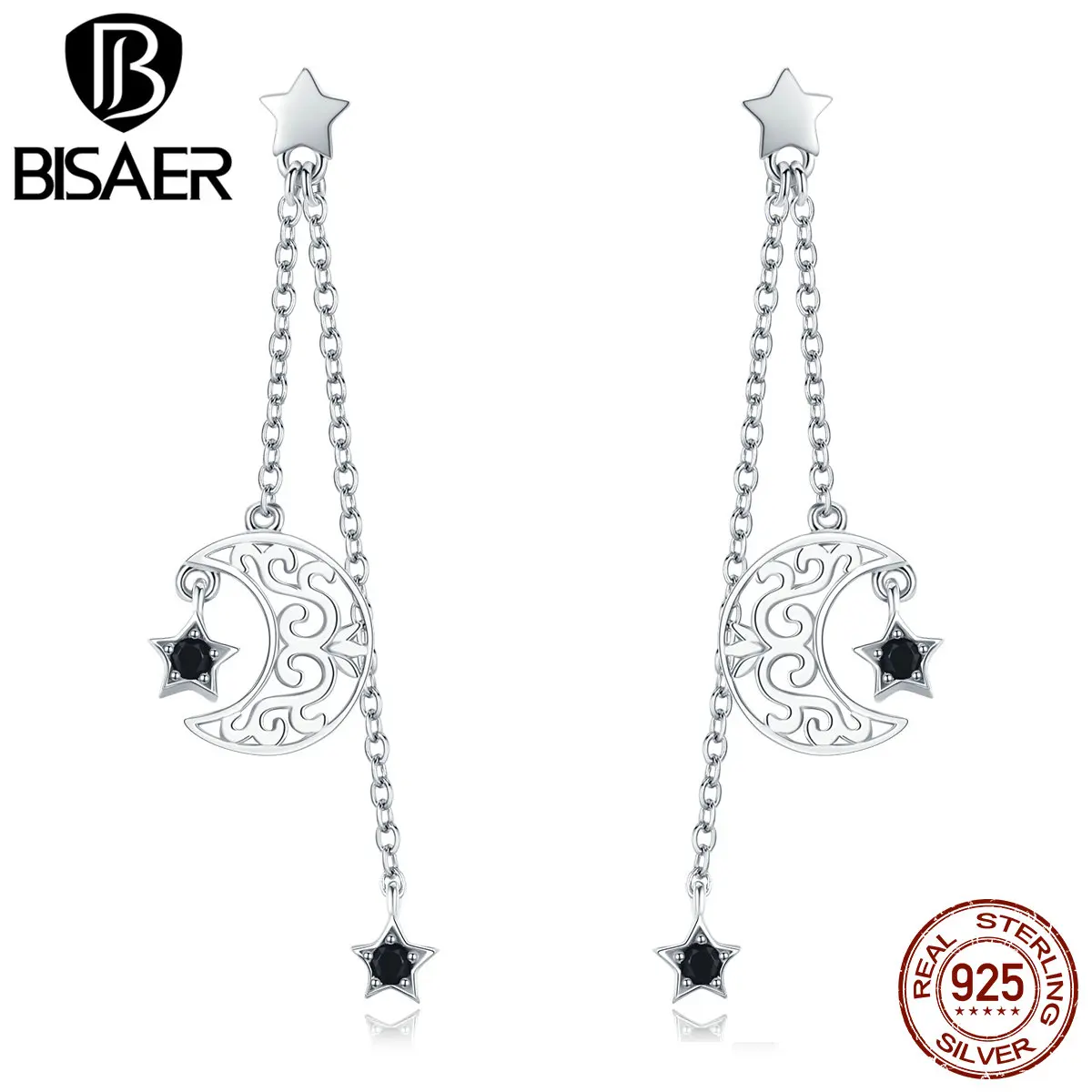 BISAER,, 925 пробы, серебро, Луна и звезда, черный циркон, длинные серьги-гвоздики для женщин, ювелирные изделия из стерлингового серебра ECE528
