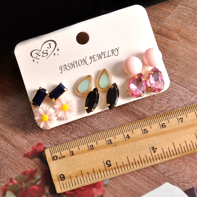Fashion women's jewelry wholesale girls birthday party earrings beautiful pink green black 6 pair /set free shipping | Украшения и