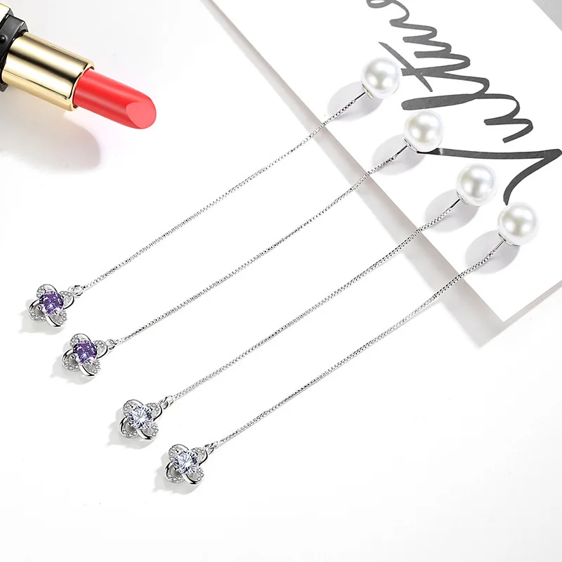 

Hot Sale Wholesale Fashion Shiny Crystal Lucky Flower Pearl 925 Sterling Silver Long Stud Earrings for Women Jewelry Gift