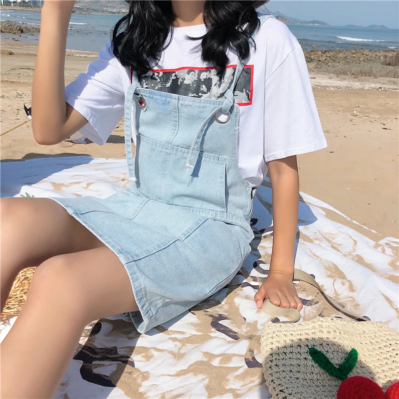 Женские летние джинсовые сарафаны свободные повседневные синие для