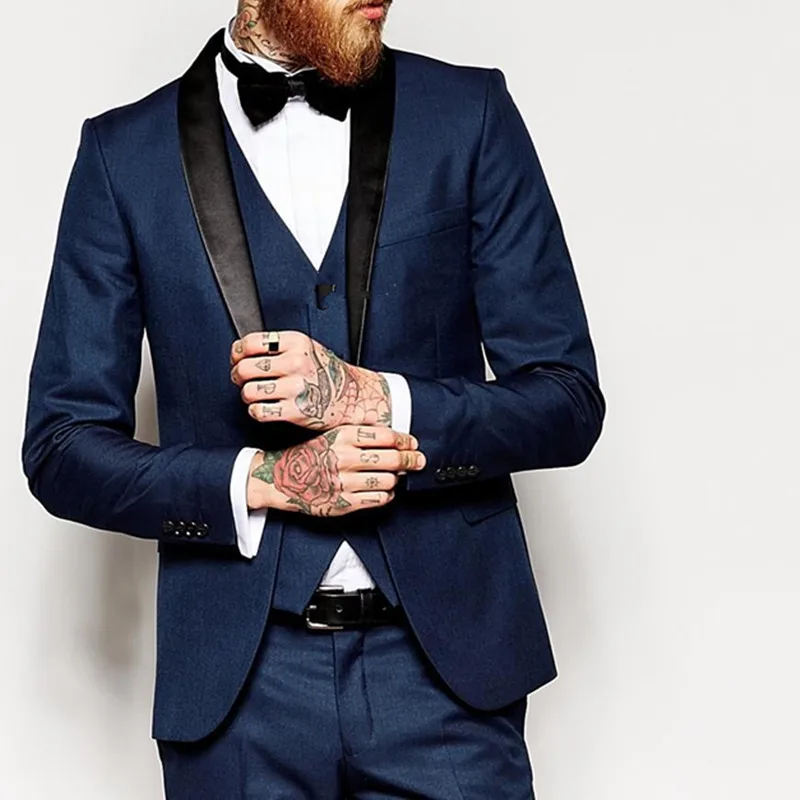 Side Vent Slim Fit Groom Tuxedos Shawl Collar Men Suit 2017 Navy Blue Groomsman/Bridegroom Wedding Suits (Jacket+Pants+Tie+vest) |